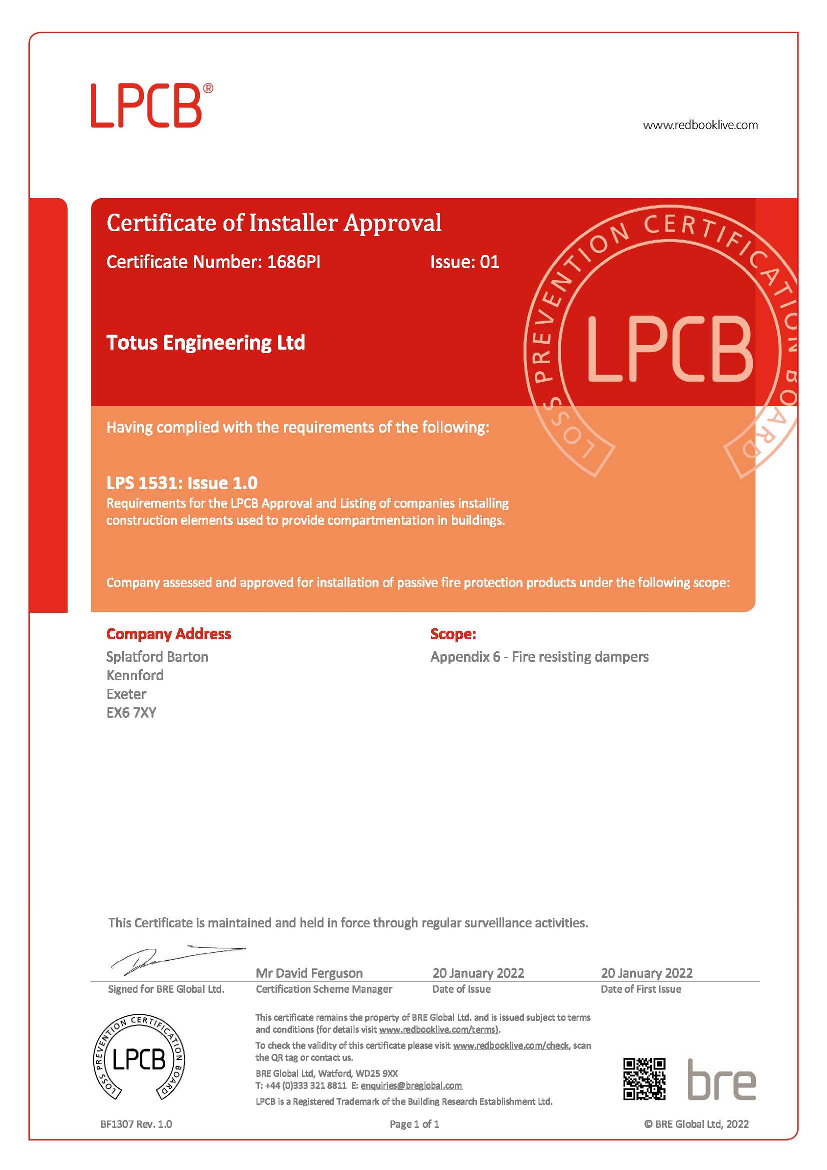 LPCB LPS 1531 Installation of Fire Resisting Dampers cert